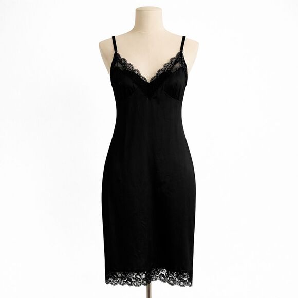 Dresses & Skirts - Vintage Sliperfection Slip Dress Size 38 Black Lace Trim Adjustable Straps Sexy